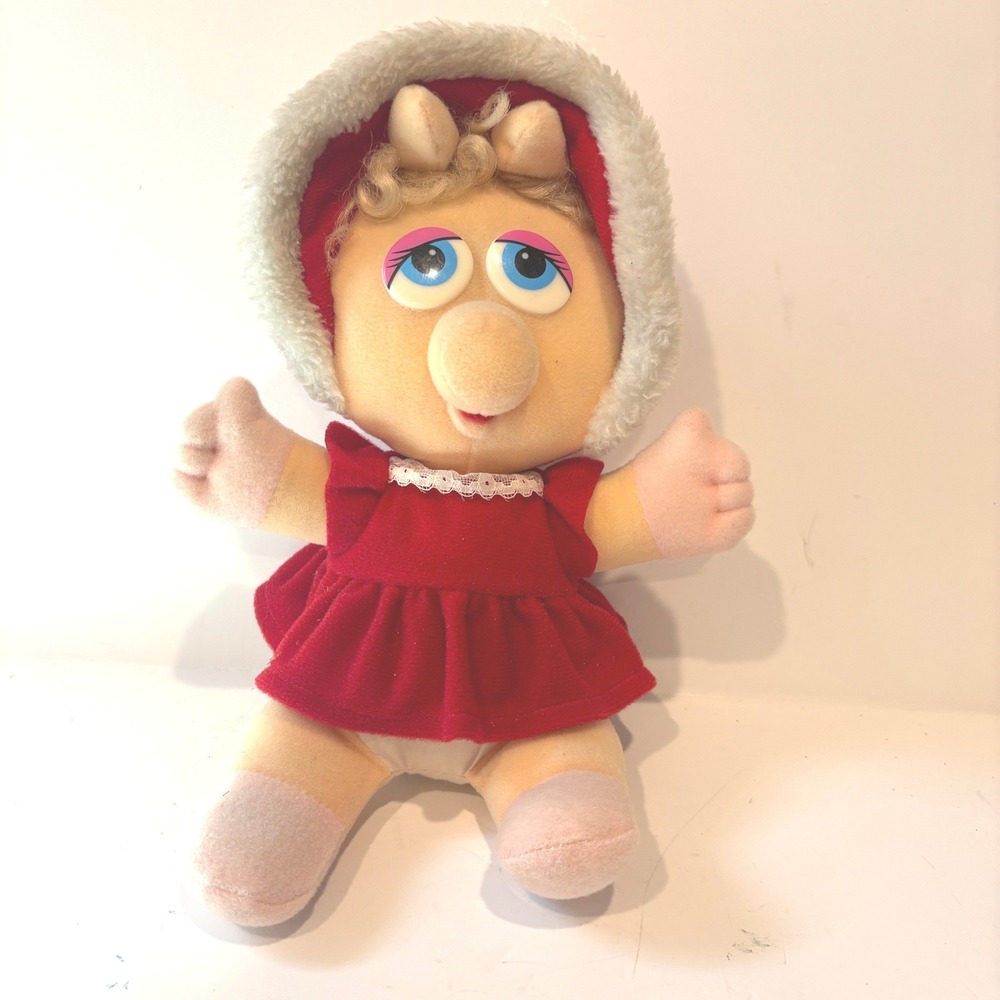 Vintage 1987 Baby Miss Piggy Plush Muppets Henson Red Dress Bonnet Collectible